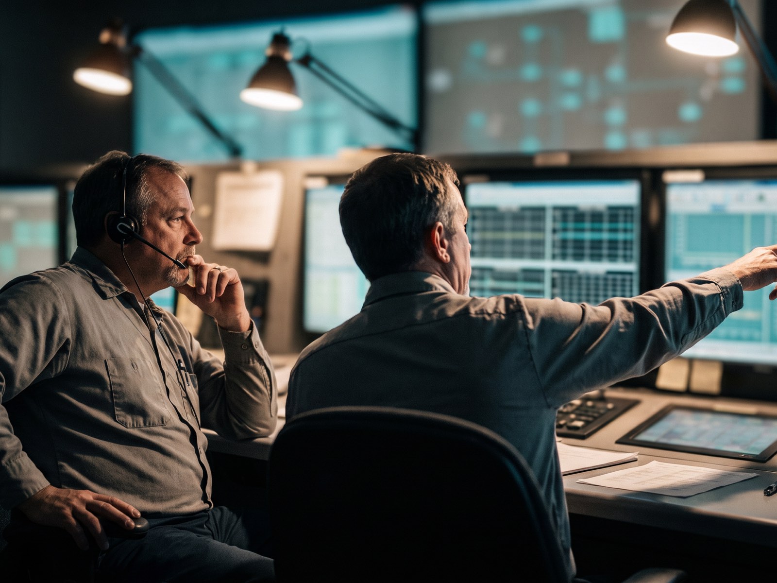 Two operators at a utility control room console mid-shift