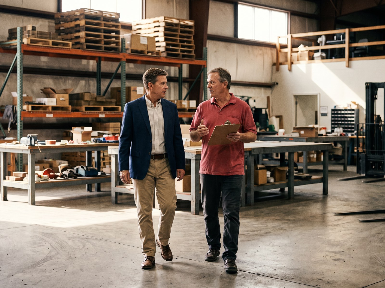 Two people walking an operations floor mid-conversation