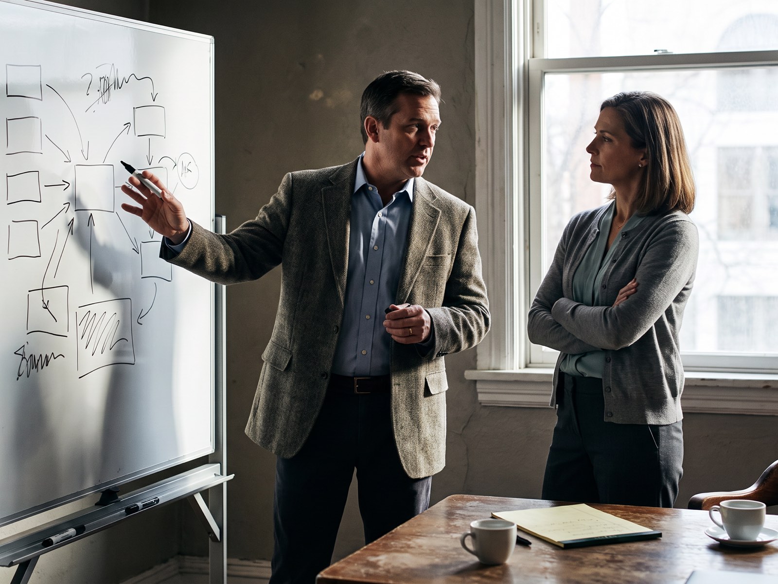 Two colleagues at a whiteboard mid-conversation, working through a hand-drawn diagram