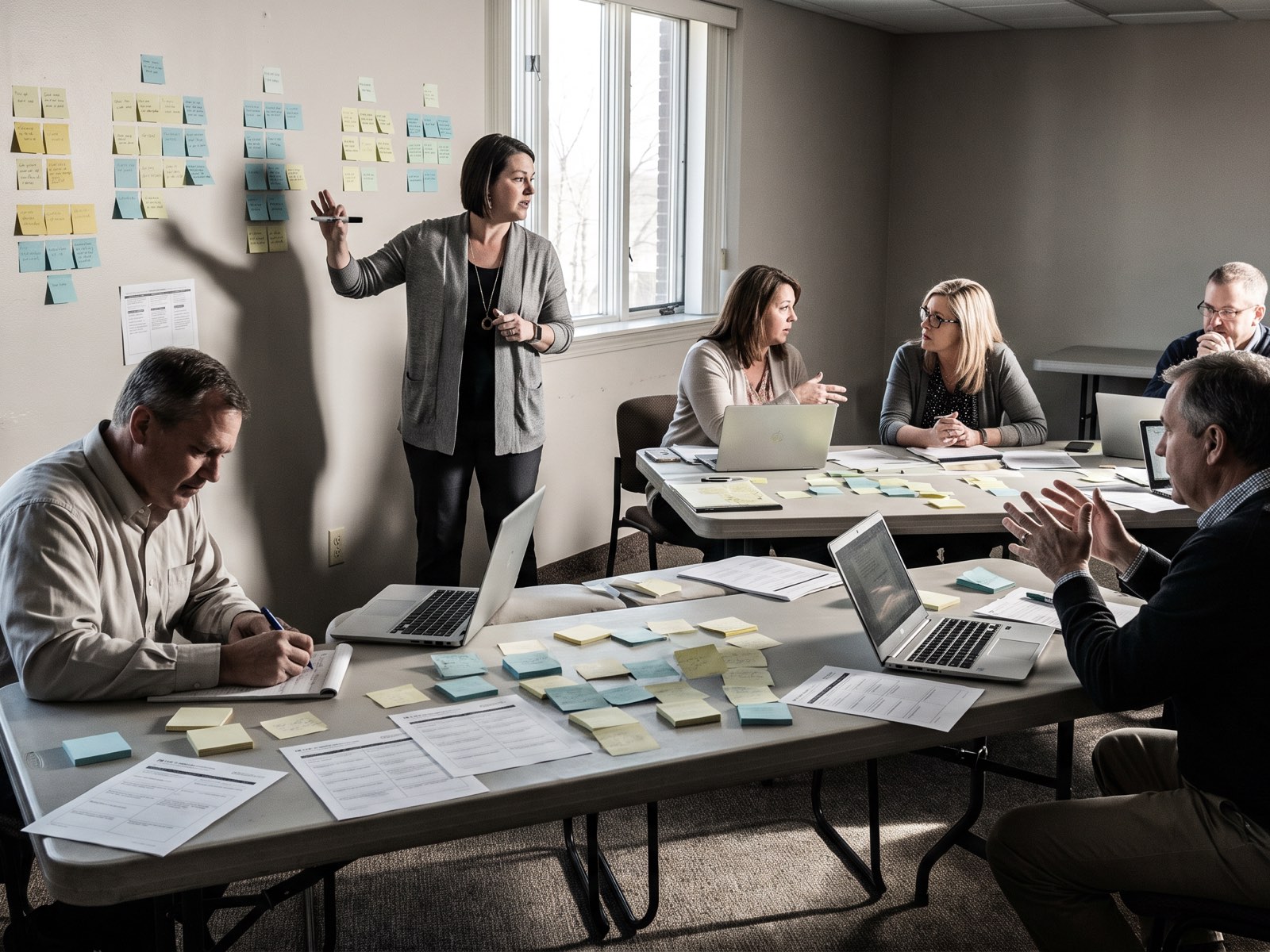 A workshop in session, participants working through grouped sticky notes