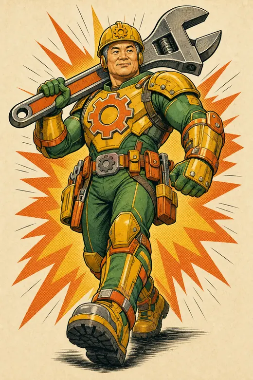 The Builder, a comic book hero carrying a giant wrench