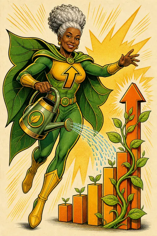 The Grower, a comic book hero watering a plant that grows into a rising bar chart