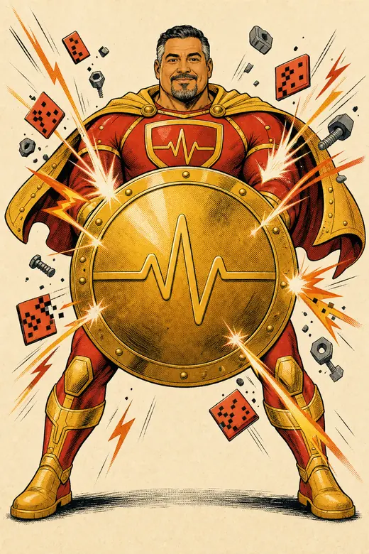 The Maintainer, a comic book hero holding a shield marked with a pulse line