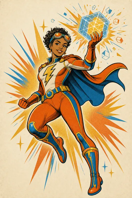 The Prototyper, a comic book hero holding up a glowing wireframe cube