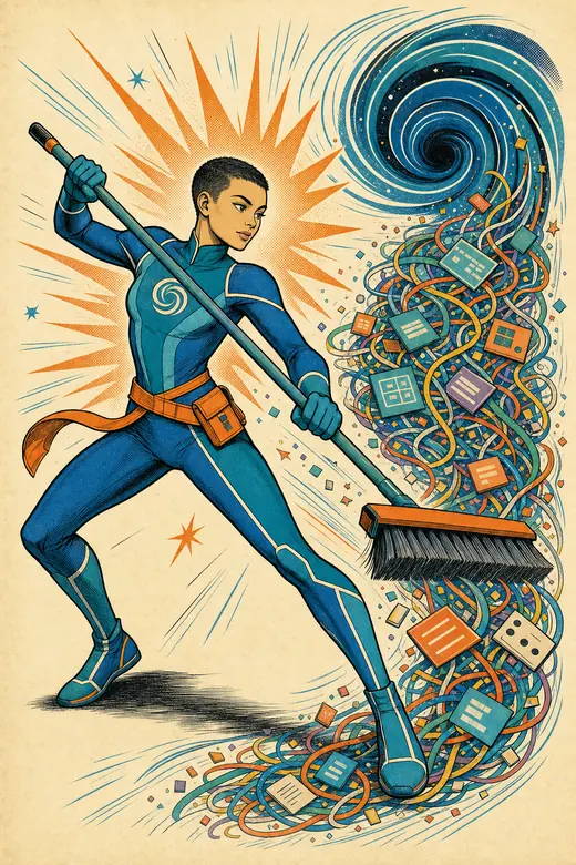 The Sweeper, a comic book hero sweeping tangled clutter into order