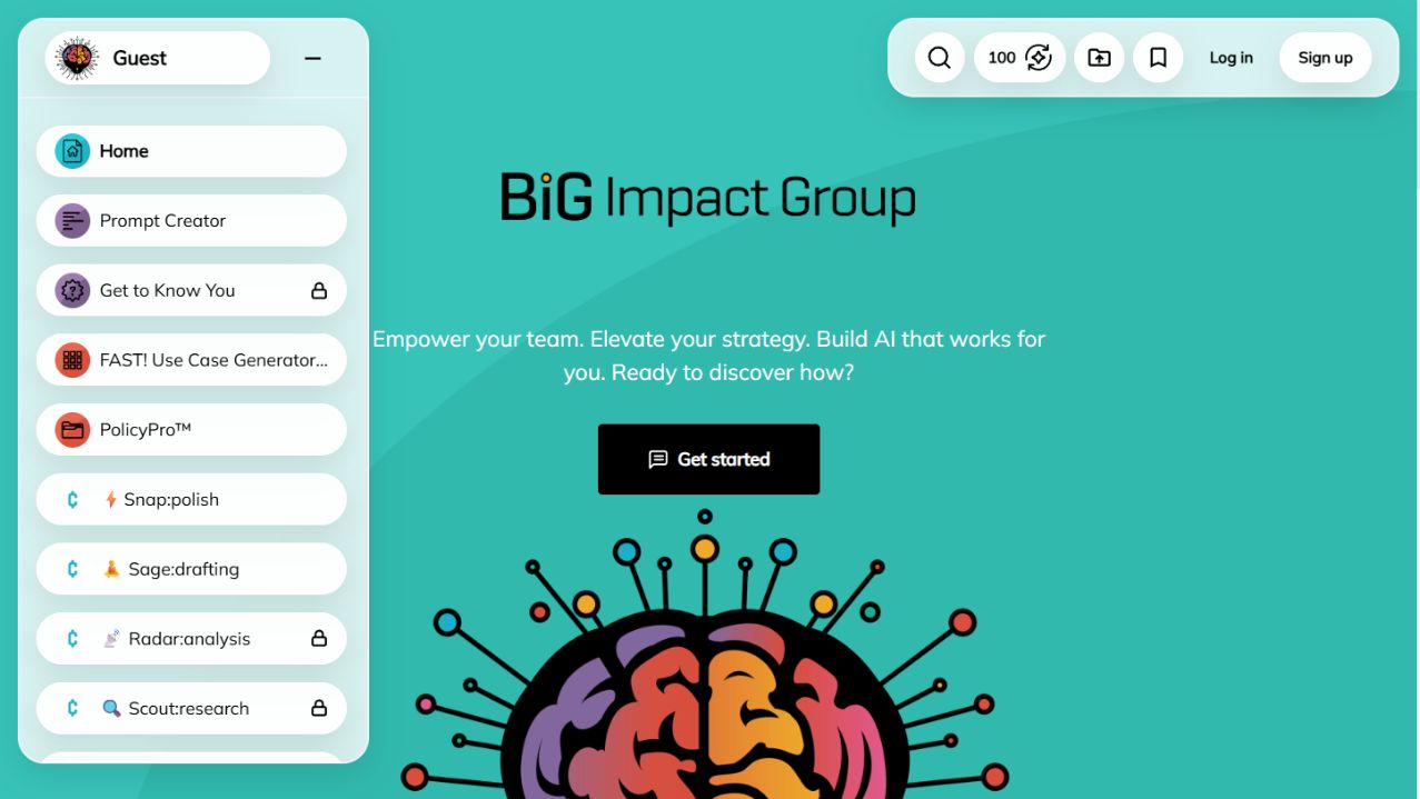 Studio BiG guest view showing a branded AI workspace and agent library