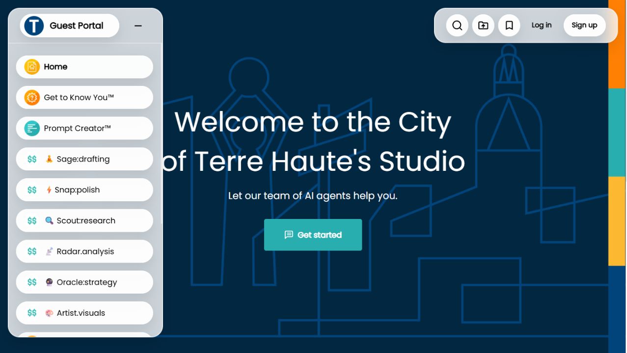 Terre Haute AI Studio guest view showing agents organized around the city's work